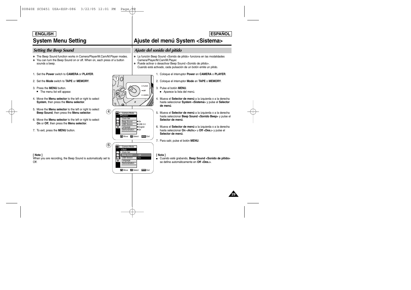 System menu setting, Ajuste del menú system <sistema | Samsung SC-D453-XAP User Manual | Page 29 / 119