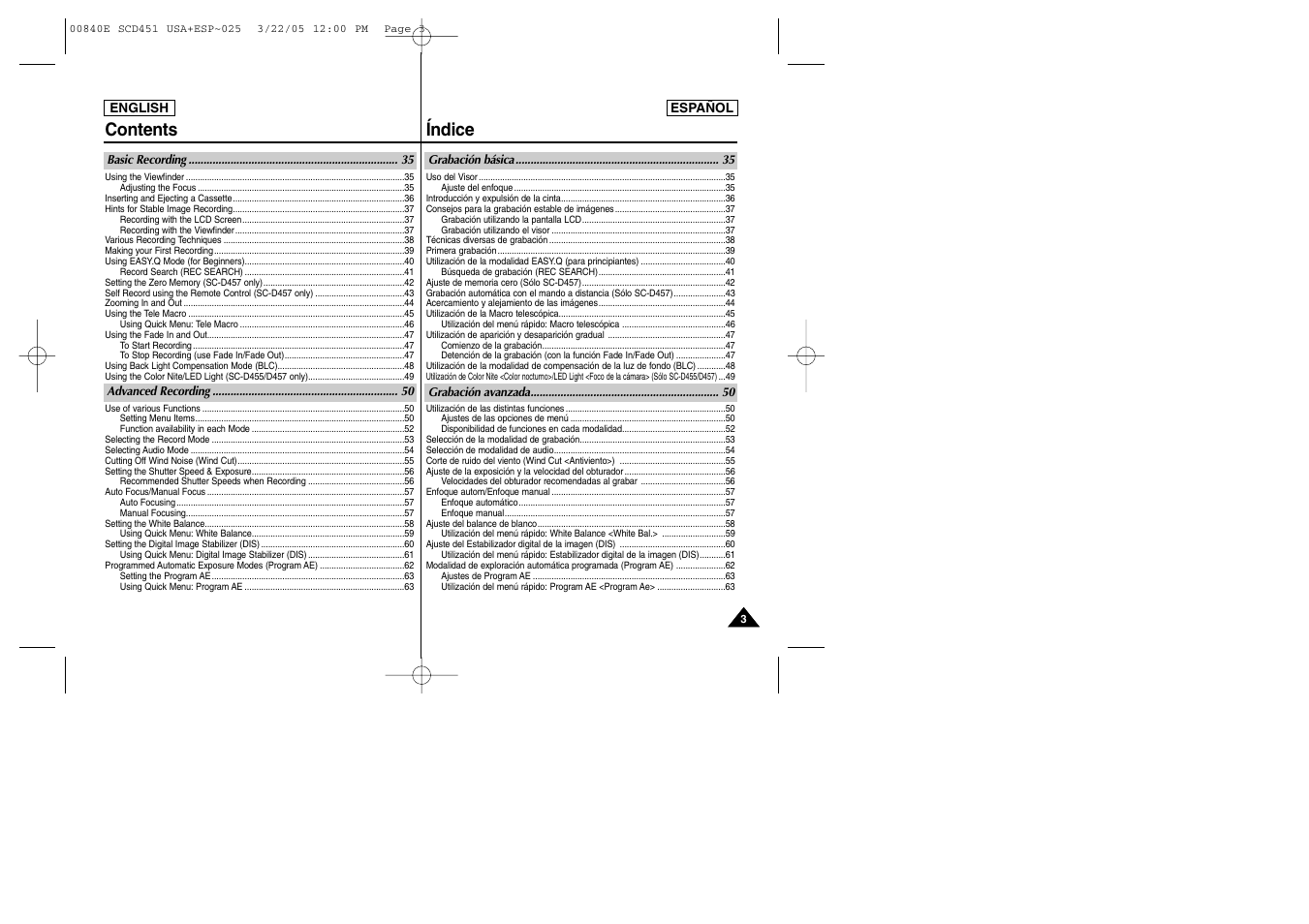 Contents índice | Samsung SC-D453-XAP User Manual | Page 3 / 119