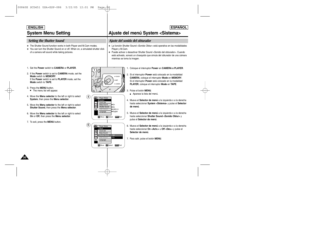 System menu setting, Ajuste del menú system <sistema | Samsung SC-D453-XAP User Manual | Page 30 / 119