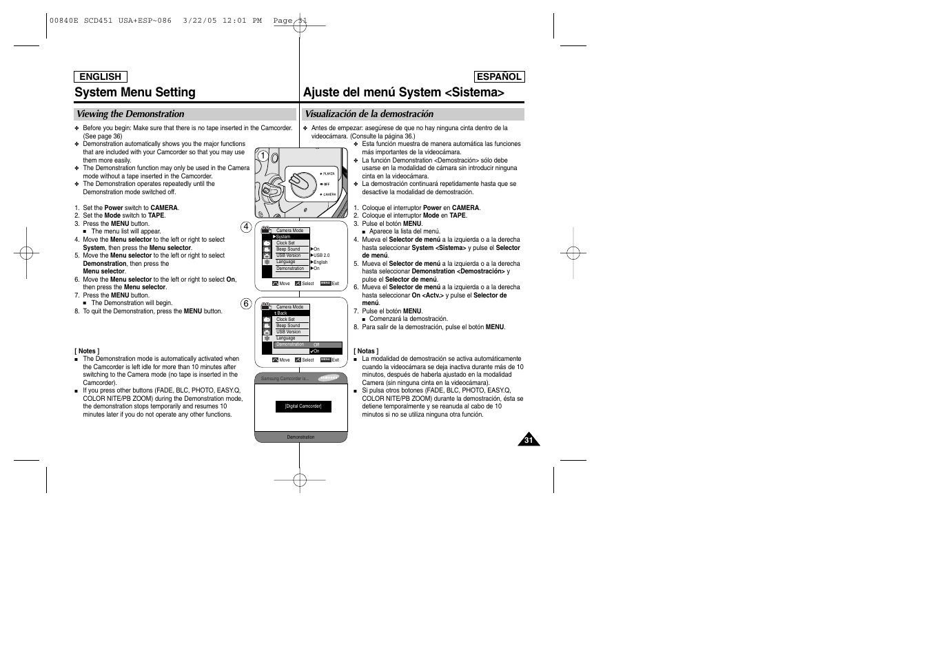 System menu setting, Ajuste del menú system <sistema, Viewing the demonstration | Visualización de la demostración | Samsung SC-D453-XAP User Manual | Page 31 / 119