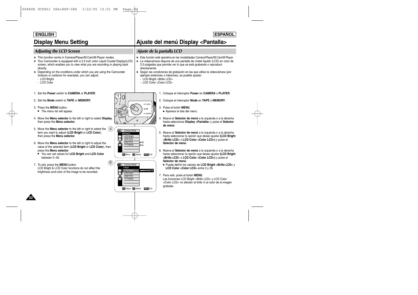 Display menu setting, Ajuste del menú display <pantalla | Samsung SC-D453-XAP User Manual | Page 32 / 119