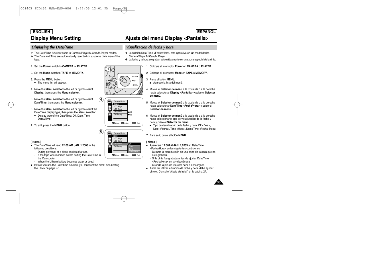 Display menu setting, Ajuste del menú display <pantalla | Samsung SC-D453-XAP User Manual | Page 33 / 119