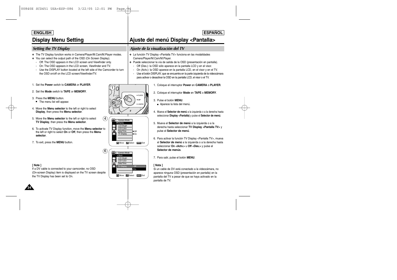 Display menu setting, Ajuste del menú display <pantalla | Samsung SC-D453-XAP User Manual | Page 34 / 119