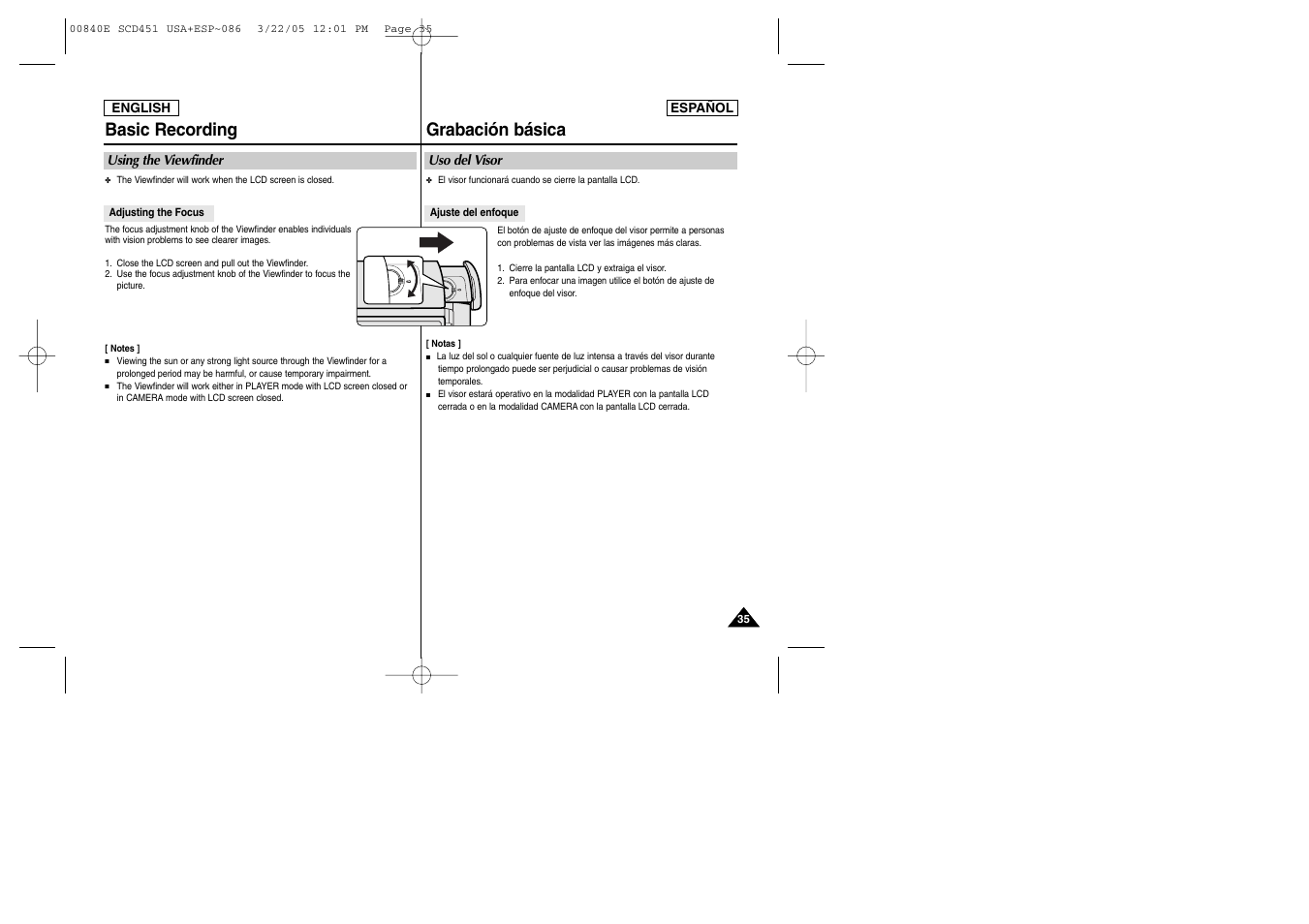 Basic recording, Grabación básica | Samsung SC-D453-XAP User Manual | Page 35 / 119