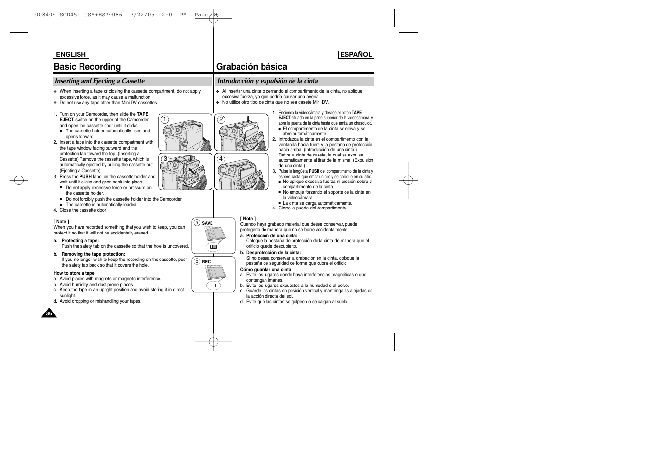 Basic recording, Grabación básica | Samsung SC-D453-XAP User Manual | Page 36 / 119