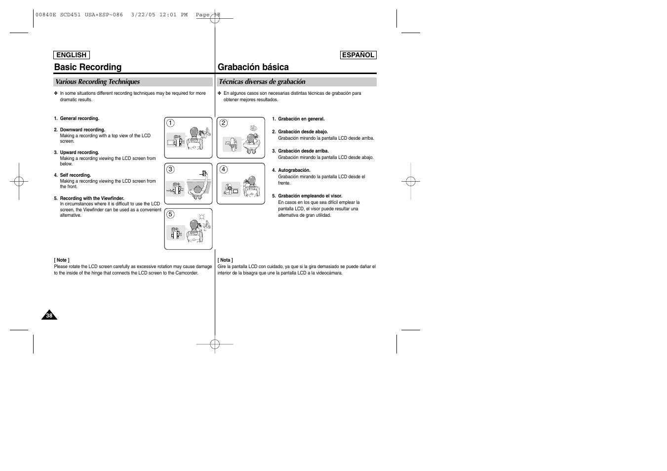 Basic recording, Grabación básica | Samsung SC-D453-XAP User Manual | Page 38 / 119