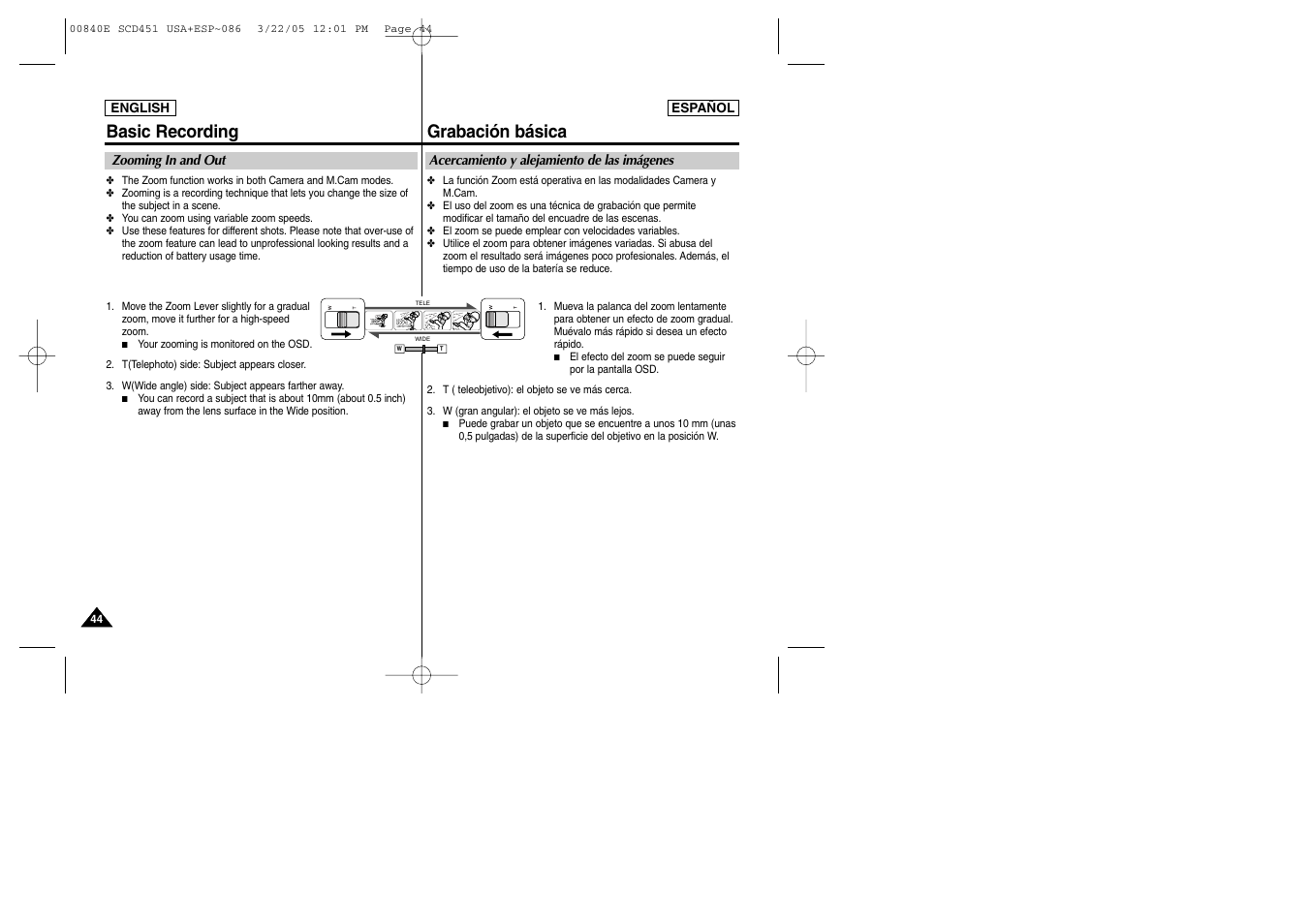 Basic recording, Grabación básica | Samsung SC-D453-XAP User Manual | Page 44 / 119