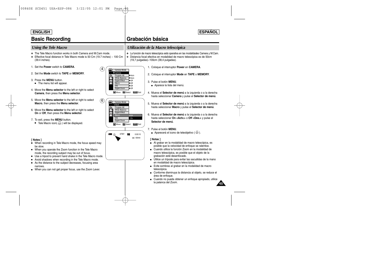 Basic recording, Grabación básica, Using the tele macro | Utilización de la macro telescópica | Samsung SC-D453-XAP User Manual | Page 45 / 119