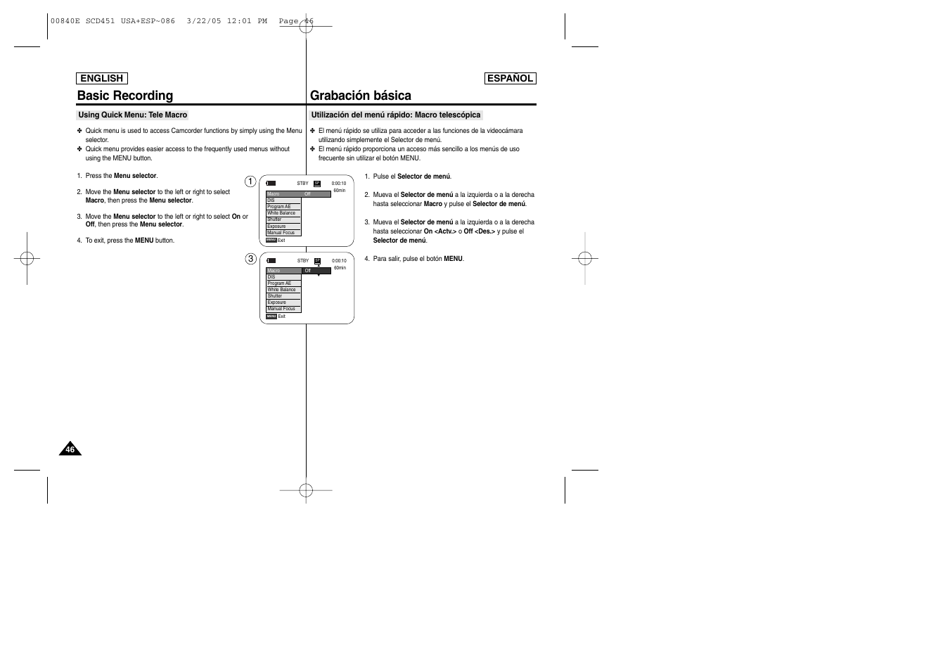 Basic recording grabación básica | Samsung SC-D453-XAP User Manual | Page 46 / 119