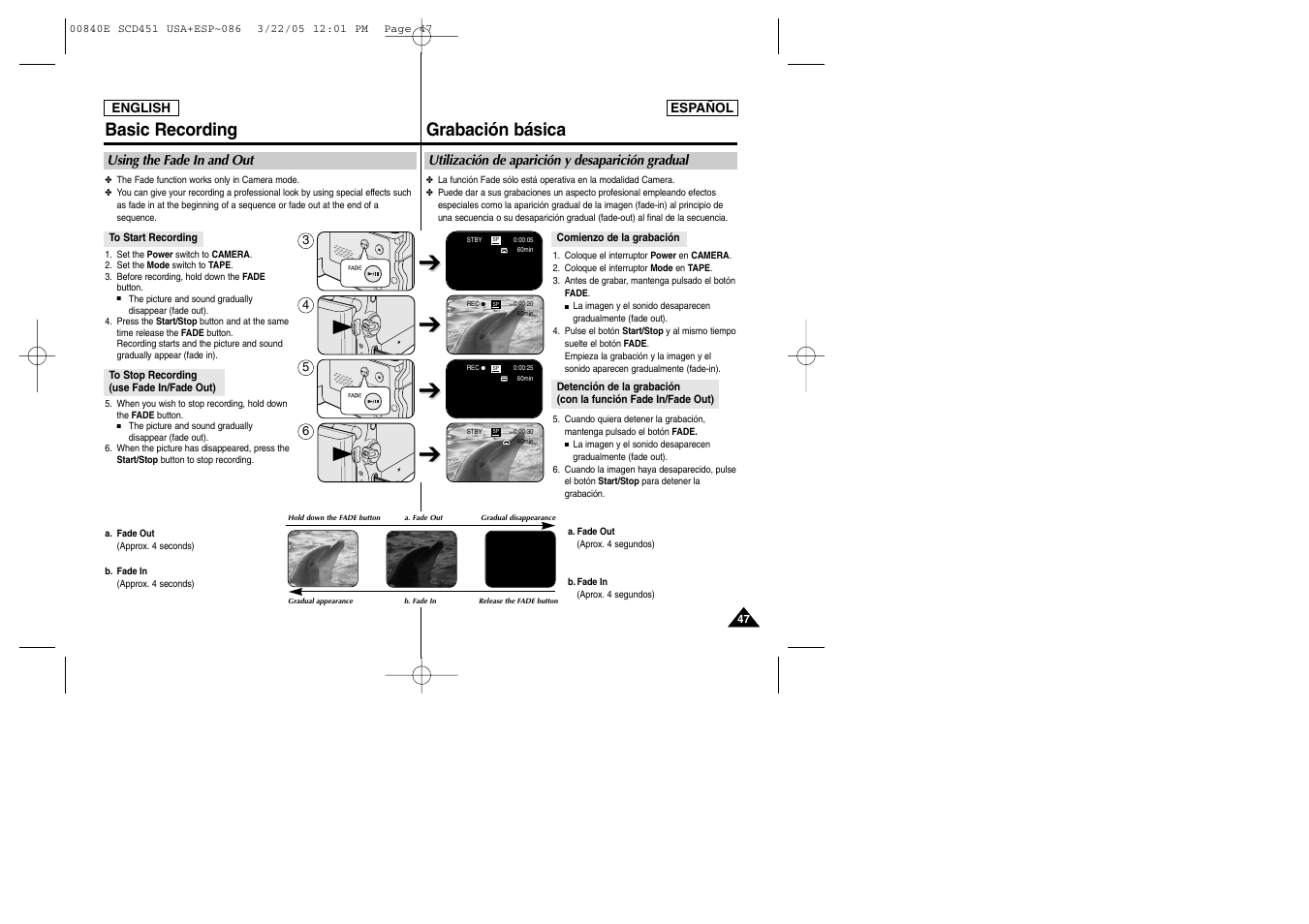 Basic recording, Grabación básica | Samsung SC-D453-XAP User Manual | Page 47 / 119