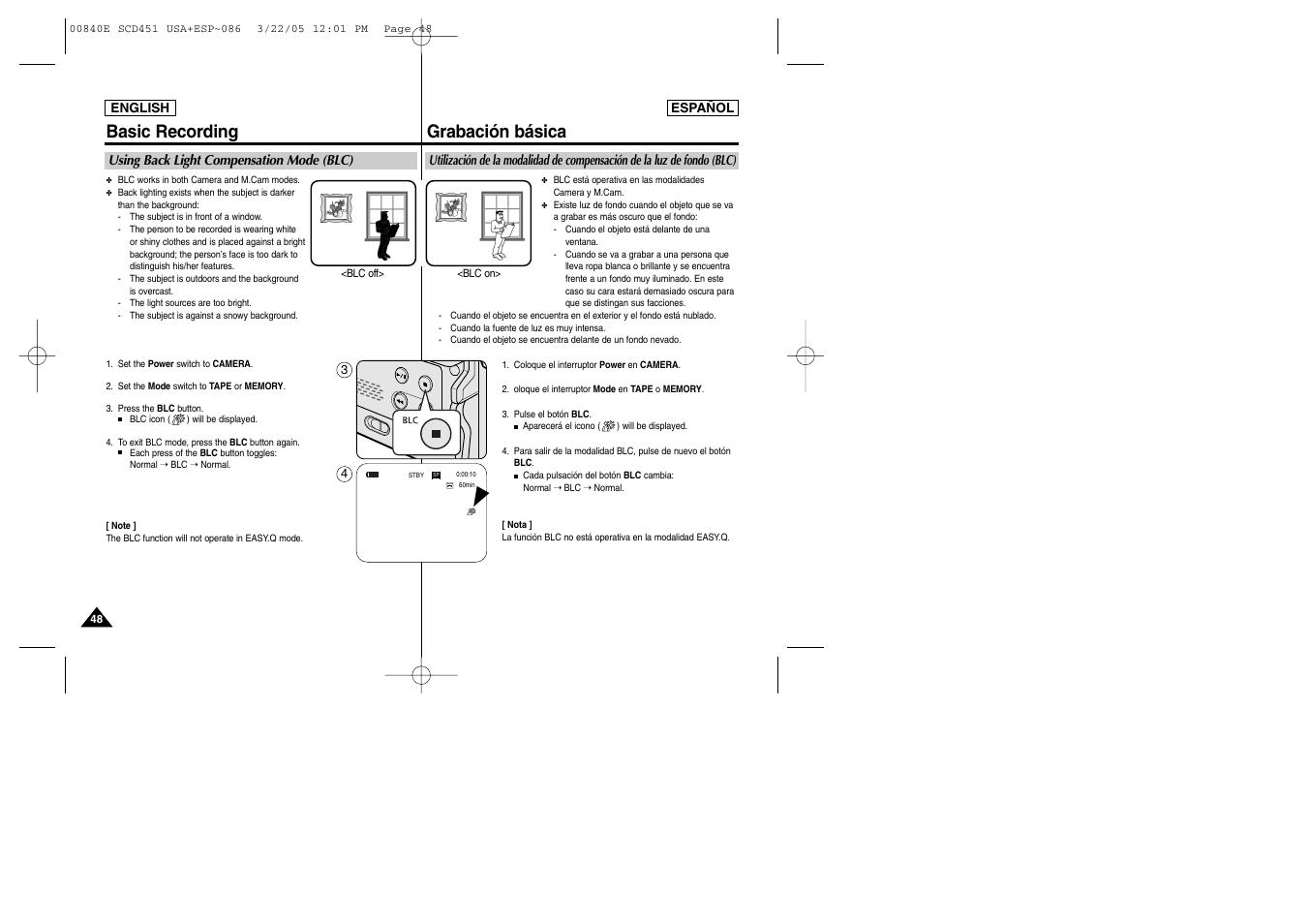 Basic recording, Grabación básica | Samsung SC-D453-XAP User Manual | Page 48 / 119