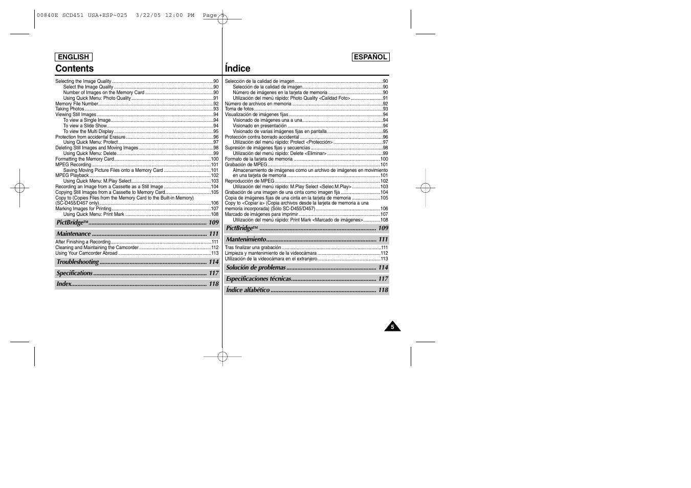 Contents índice | Samsung SC-D453-XAP User Manual | Page 5 / 119