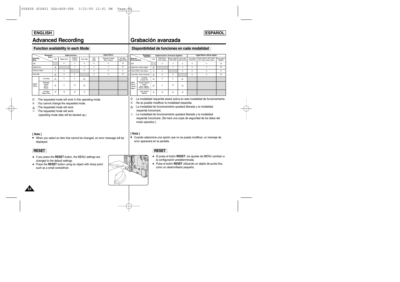 Advanced recording, Grabación avanzada, English español | Function availability in each mode, Reset | Samsung SC-D453-XAP User Manual | Page 52 / 119