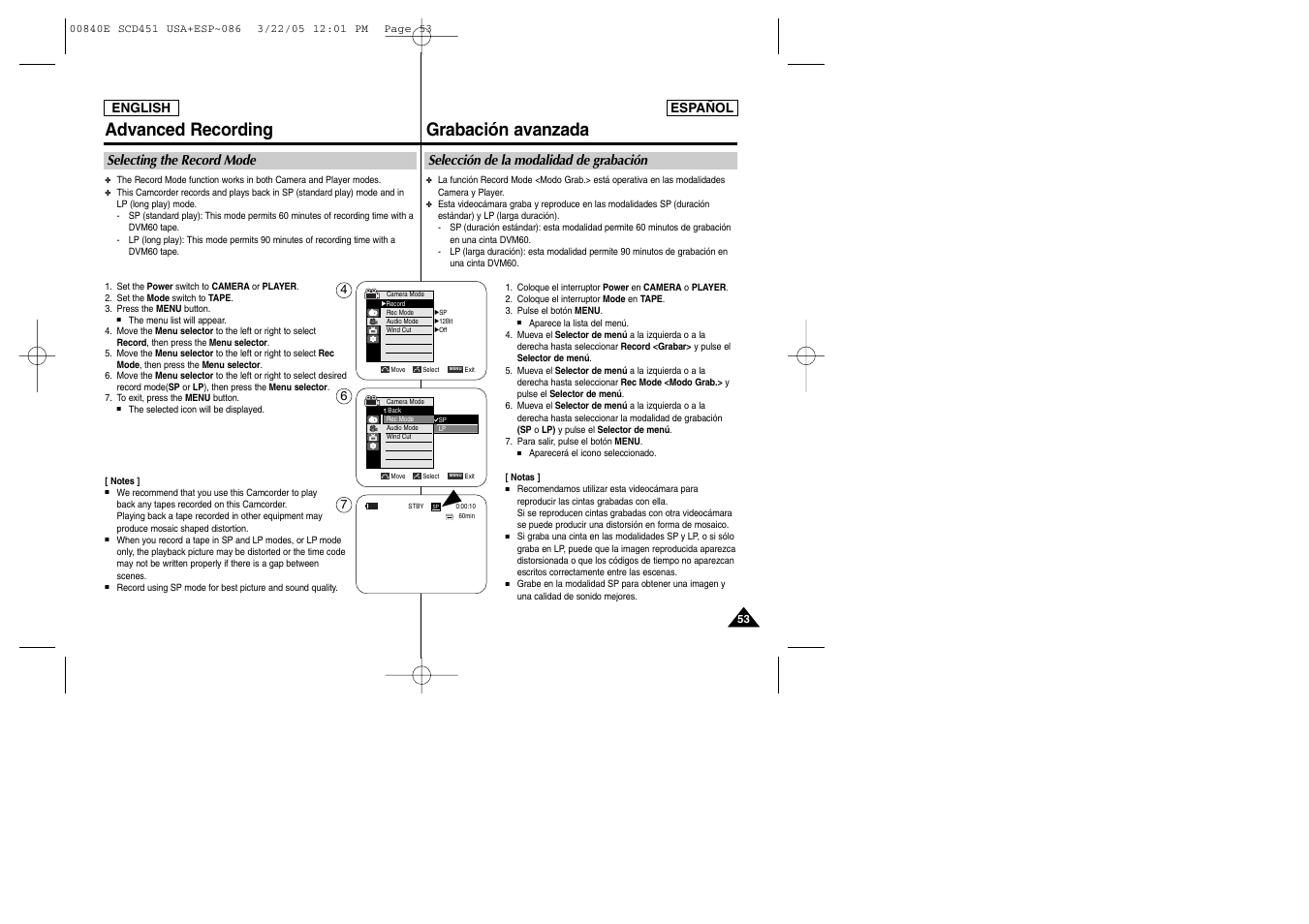 Advanced recording, Grabación avanzada, Selecting the record mode | Selección de la modalidad de grabación | Samsung SC-D453-XAP User Manual | Page 53 / 119