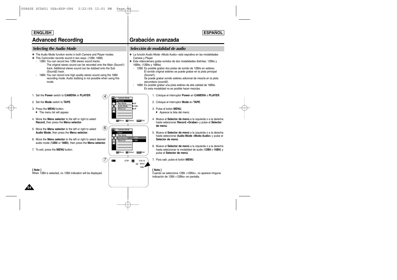 Advanced recording, Grabación avanzada | Samsung SC-D453-XAP User Manual | Page 54 / 119