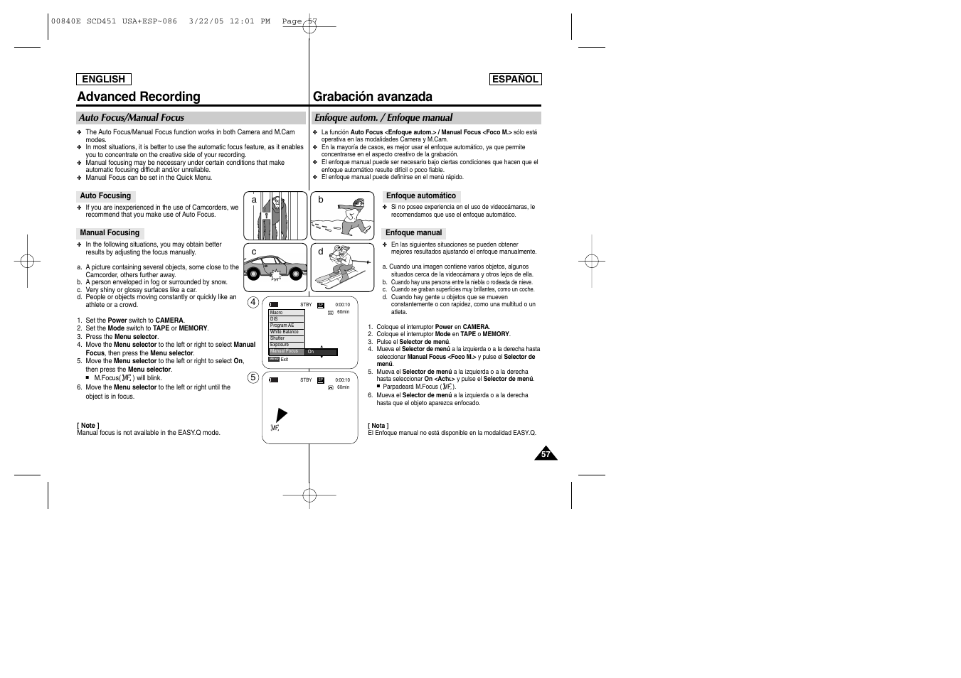 Advanced recording, Grabación avanzada | Samsung SC-D453-XAP User Manual | Page 57 / 119