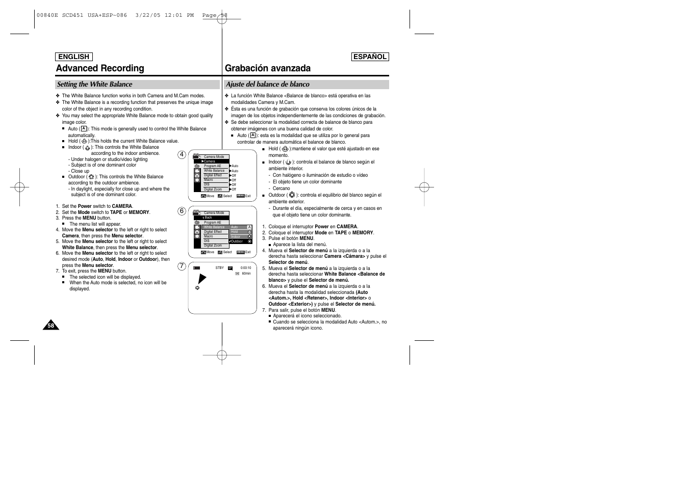 Advanced recording, Grabación avanzada, Setting the white balance | Ajuste del balance de blanco | Samsung SC-D453-XAP User Manual | Page 58 / 119