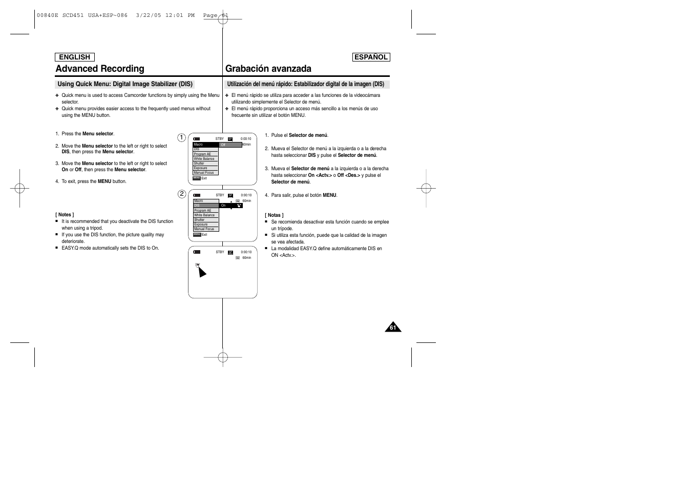 Advanced recording, Grabación avanzada | Samsung SC-D453-XAP User Manual | Page 61 / 119