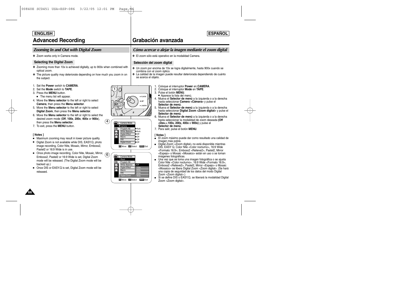 Advanced recording, Grabación avanzada | Samsung SC-D453-XAP User Manual | Page 66 / 119