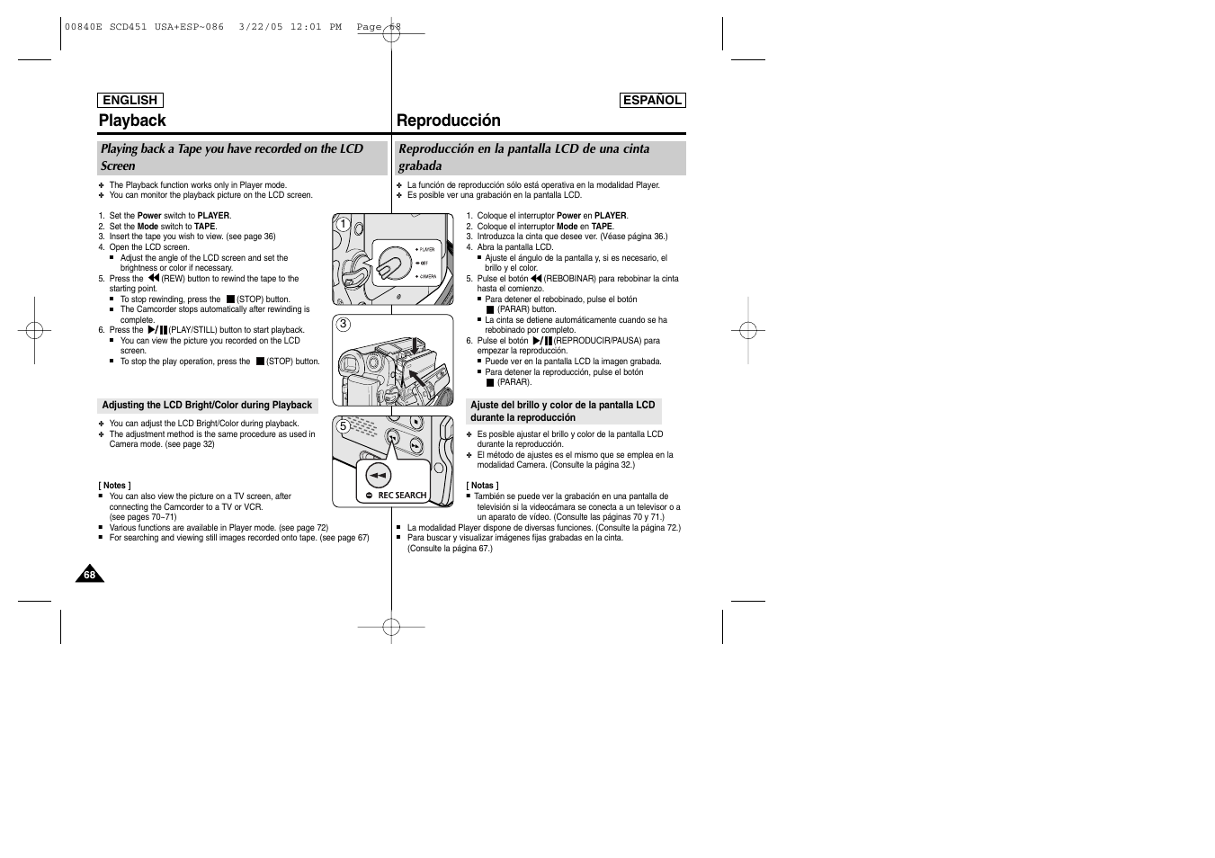 Playback, Reproducción | Samsung SC-D453-XAP User Manual | Page 68 / 119