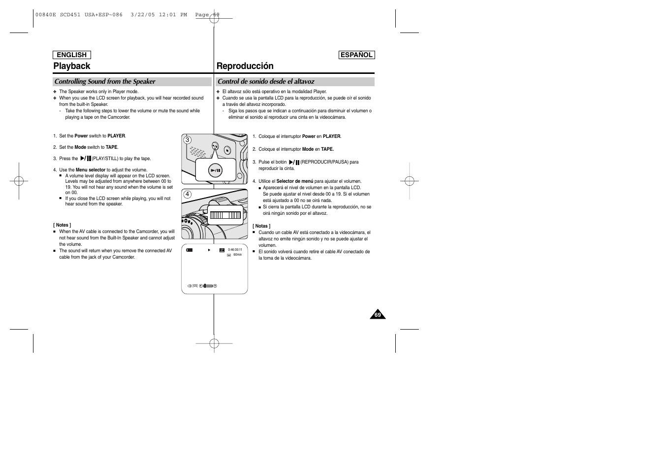 Playback, Reproducción | Samsung SC-D453-XAP User Manual | Page 69 / 119