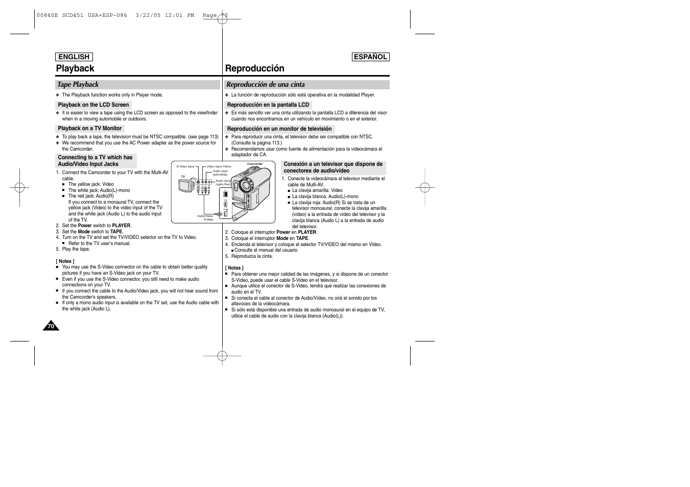 Playback, Reproducción, Tape playback | Reproducción de una cinta | Samsung SC-D453-XAP User Manual | Page 70 / 119