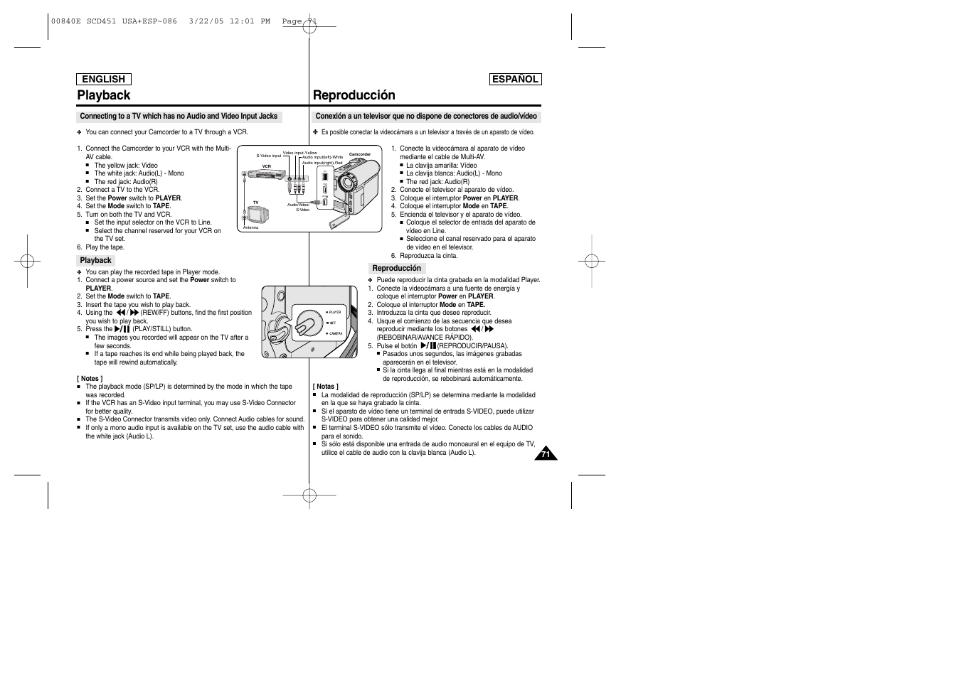 Playback, Reproducción | Samsung SC-D453-XAP User Manual | Page 71 / 119