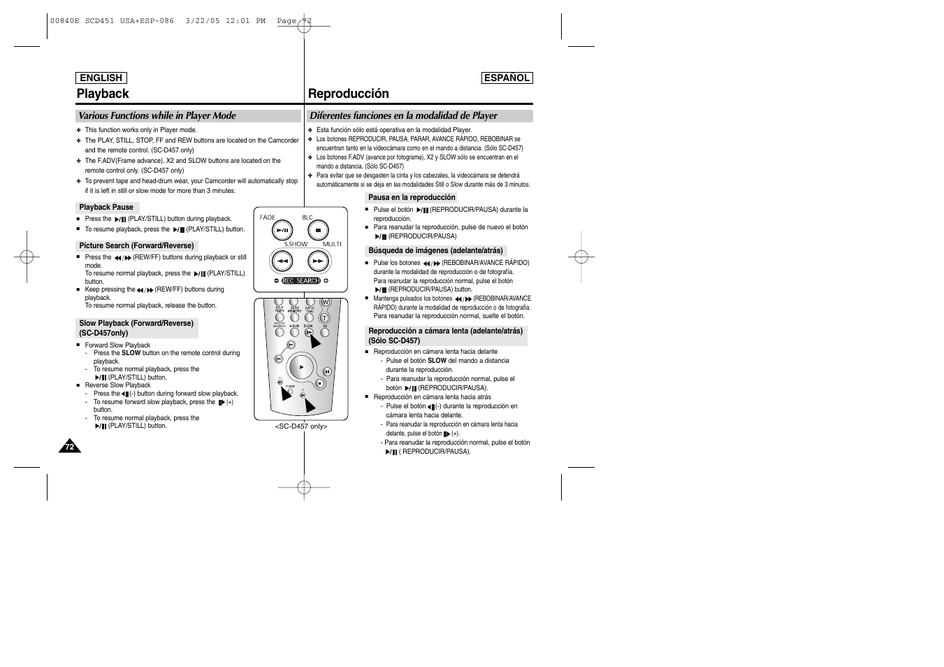 Playback, Reproducción | Samsung SC-D453-XAP User Manual | Page 72 / 119