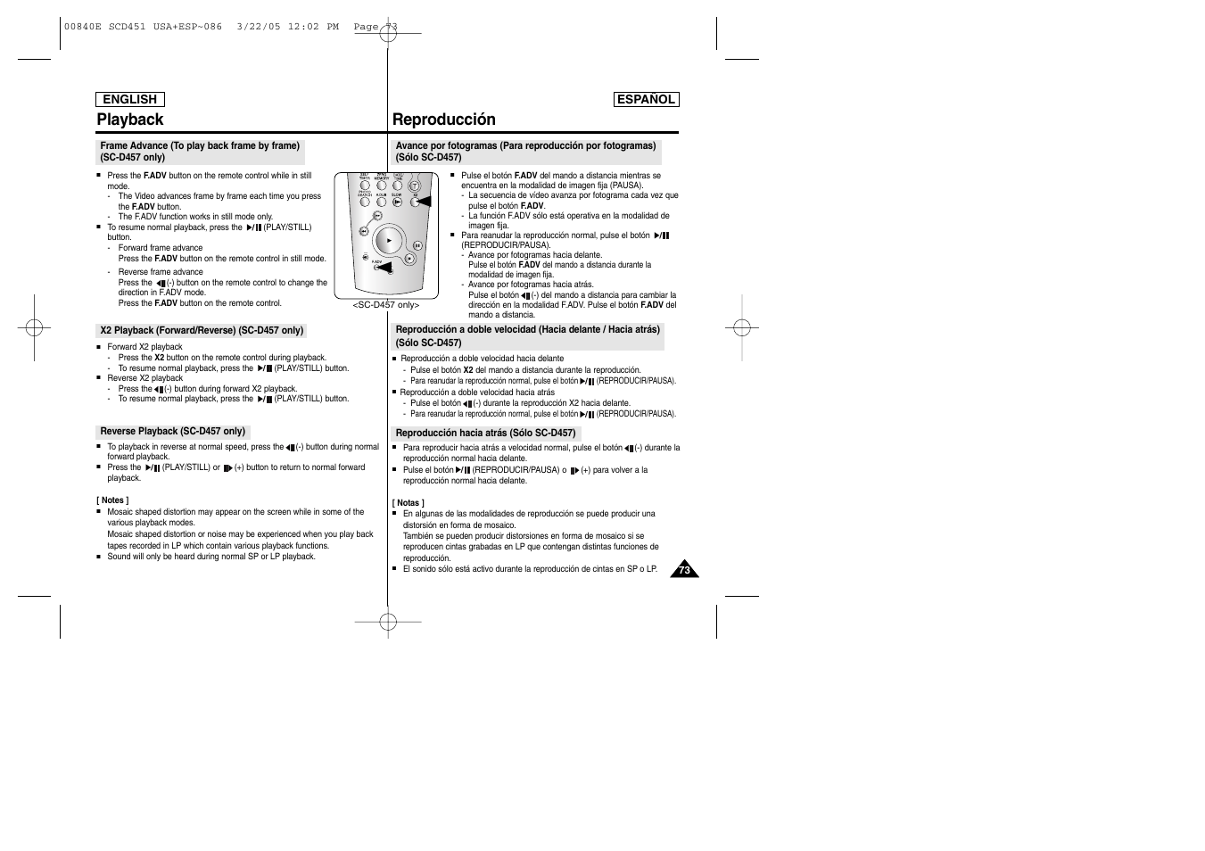 Playback, Reproducción | Samsung SC-D453-XAP User Manual | Page 73 / 119