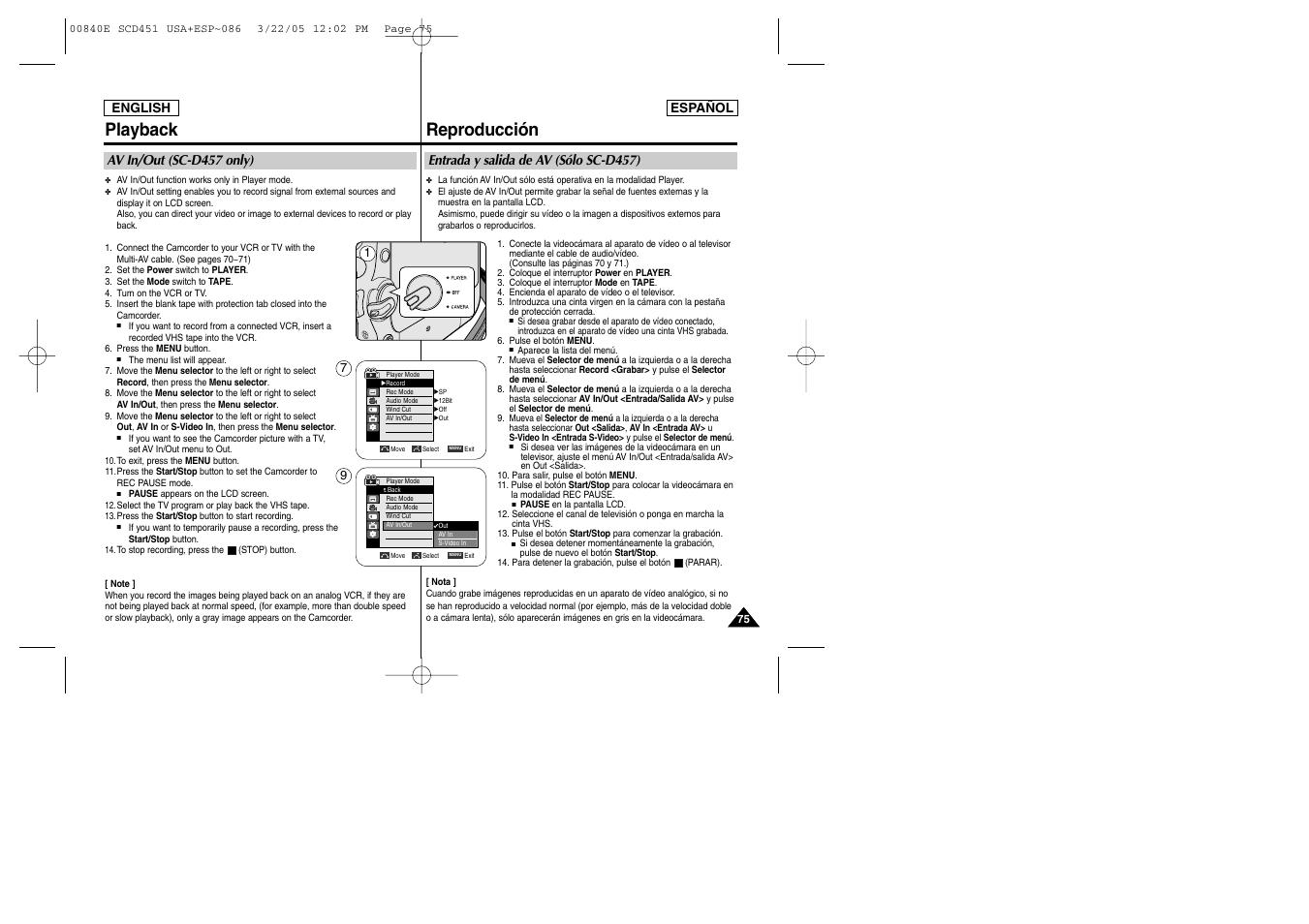 Playback, Reproducción | Samsung SC-D453-XAP User Manual | Page 75 / 119