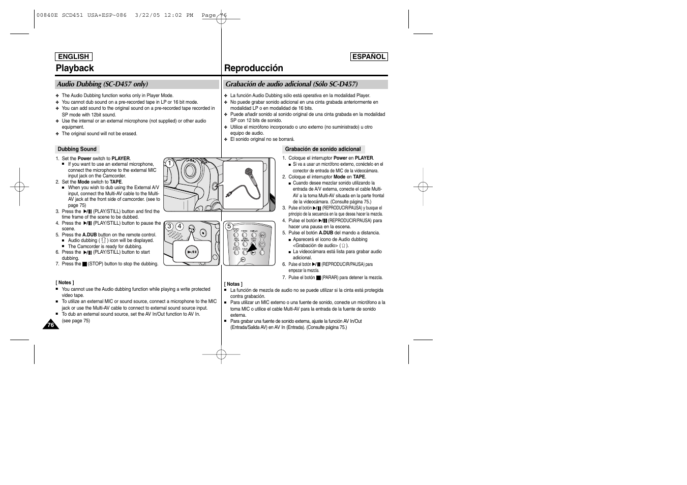 Playback, Reproducción | Samsung SC-D453-XAP User Manual | Page 76 / 119