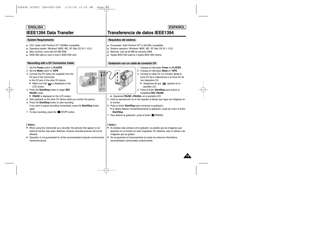 Dv usb av/ s, Ieee1394 data transfer, Transferencia de datos ieee1394 | Samsung SC-D453-XAP User Manual | Page 79 / 119