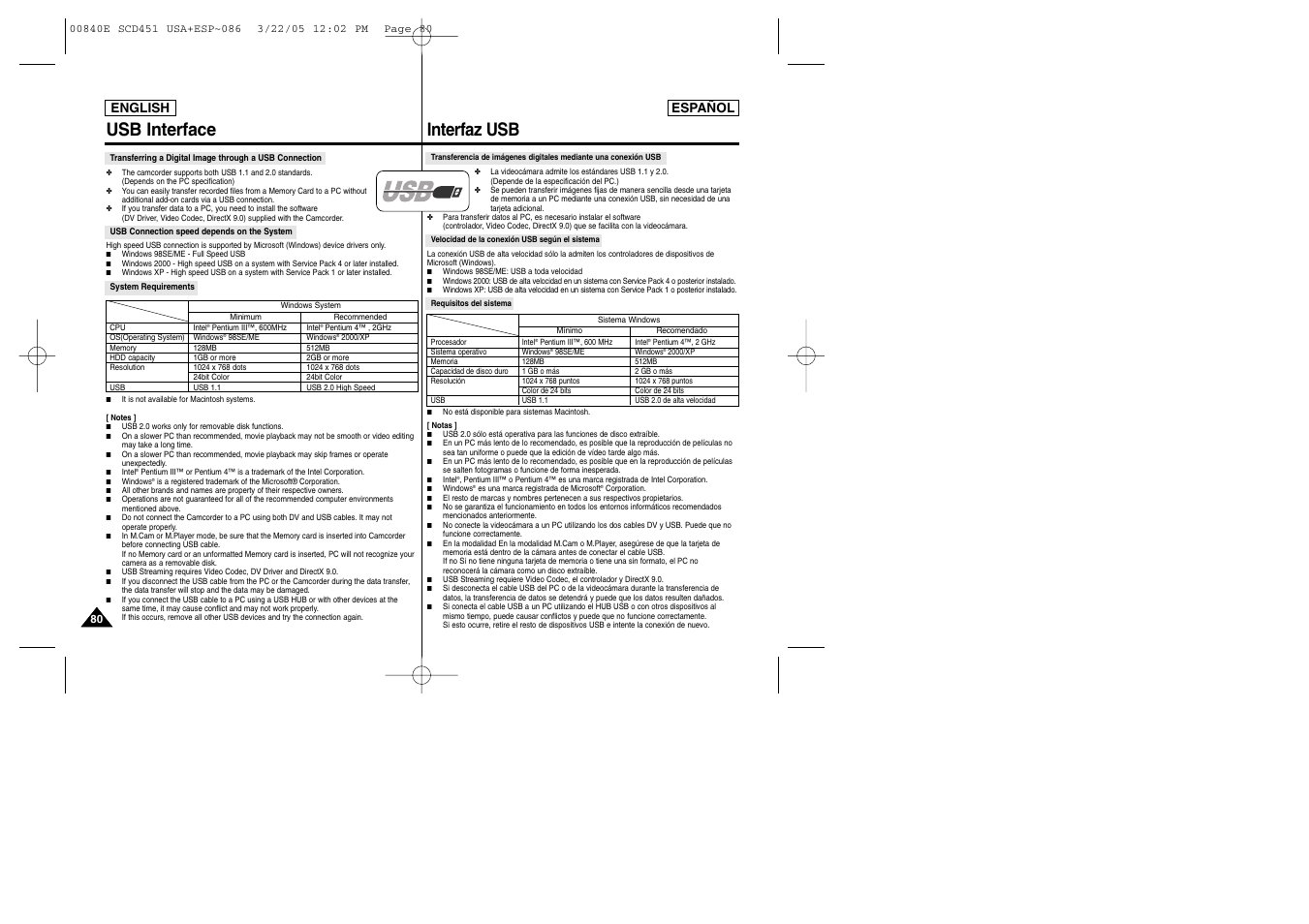 Usb interface, Interfaz usb | Samsung SC-D453-XAP User Manual | Page 80 / 119