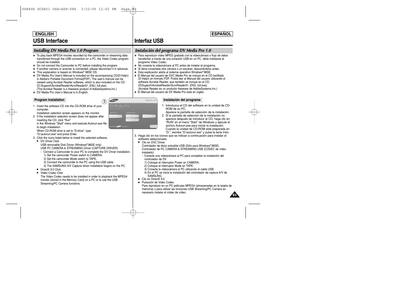 Usb interface, Interfaz usb | Samsung SC-D453-XAP User Manual | Page 83 / 119