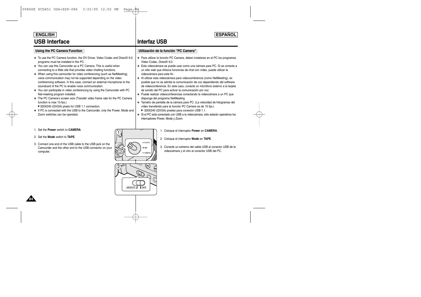 Usb interface, Interfaz usb | Samsung SC-D453-XAP User Manual | Page 84 / 119