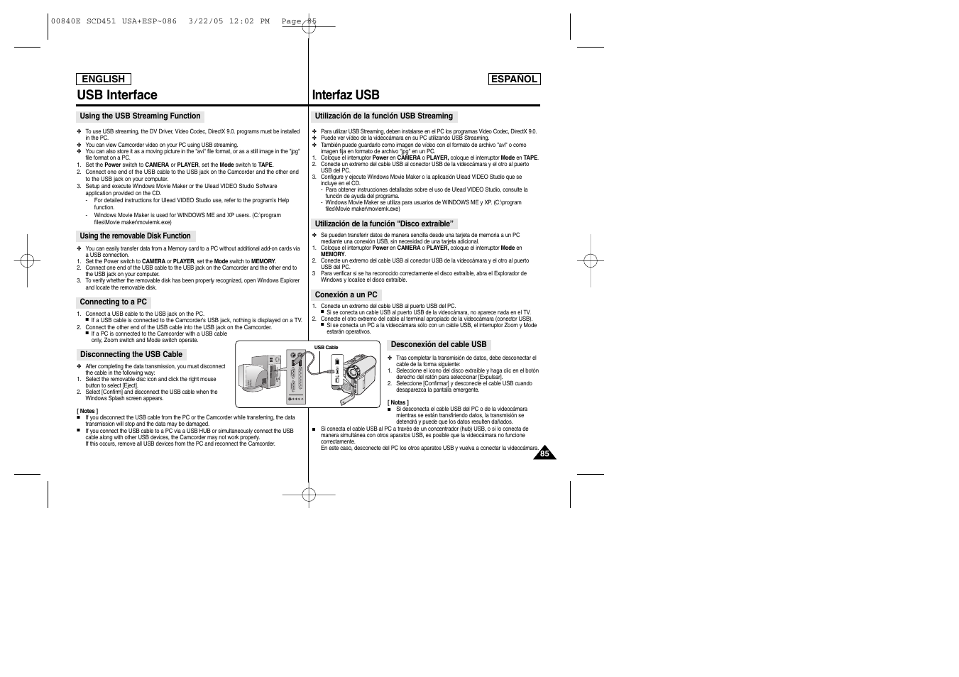 Dv usb av/ s, Usb interface, Interfaz usb | Samsung SC-D453-XAP User Manual | Page 85 / 119