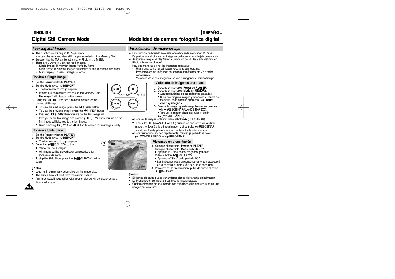 Viewing still images, Visualización de imágenes fijas | Samsung SC-D453-XAP User Manual | Page 94 / 119