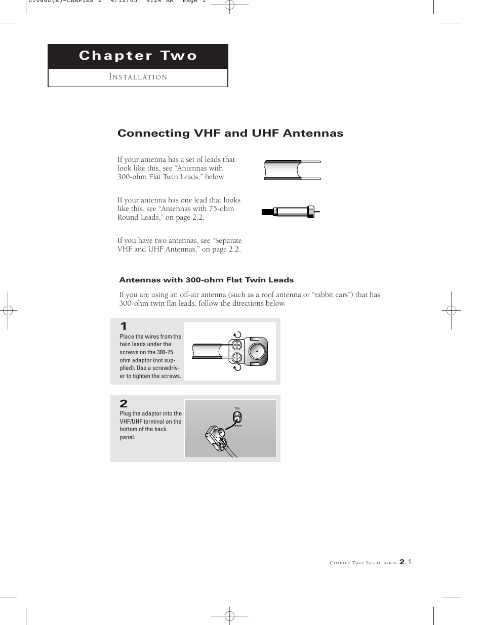 Chapter two installation, Connecting vhf and uhf antennas | Samsung TSK3092WFX-XAA User Manual | Page 13 / 65