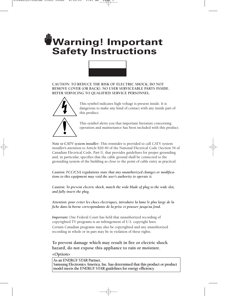 Warning! important safety instructions | Samsung TSK3092WFX-XAA User Manual | Page 2 / 65