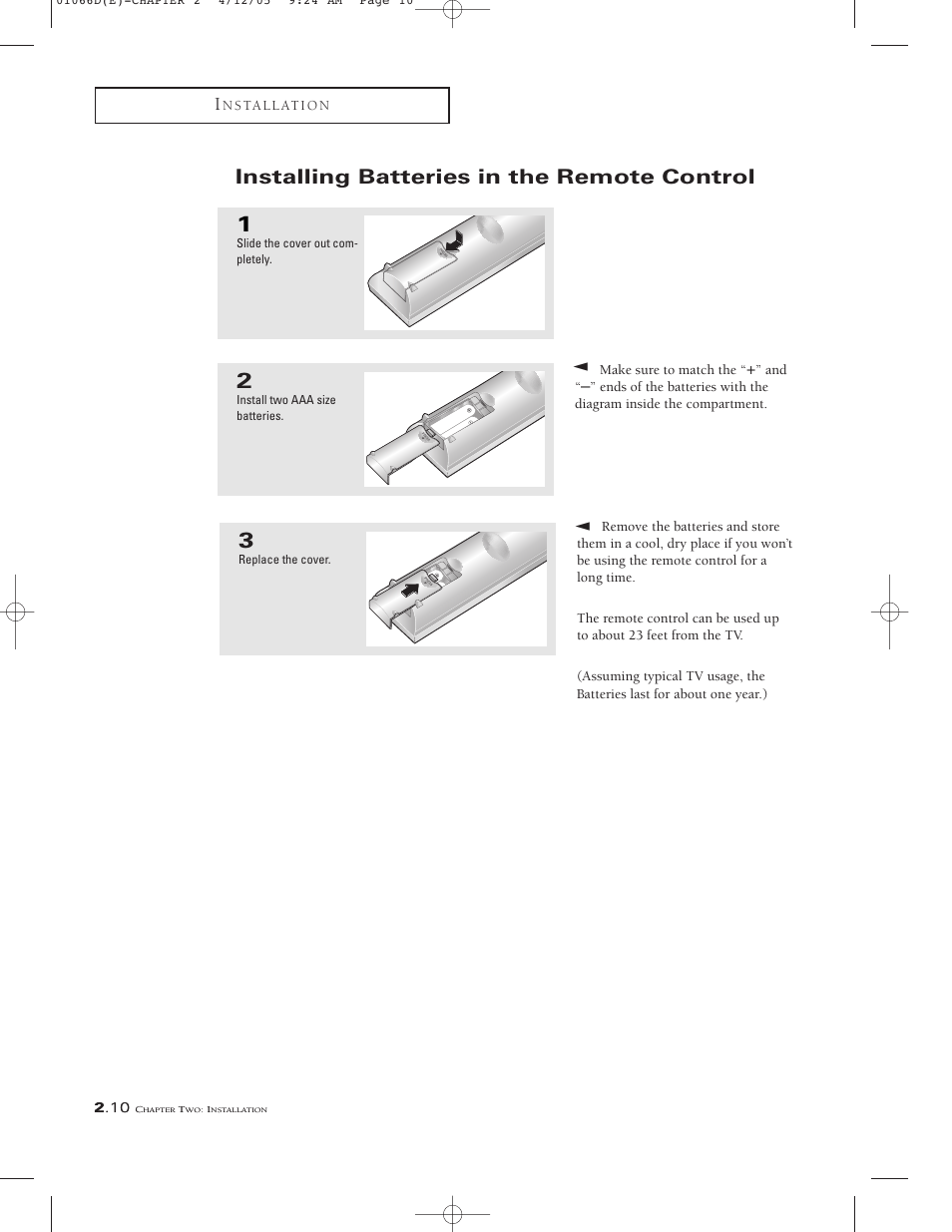 Installing batteries in the remote control | Samsung TSK3092WFX-XAA User Manual | Page 22 / 65