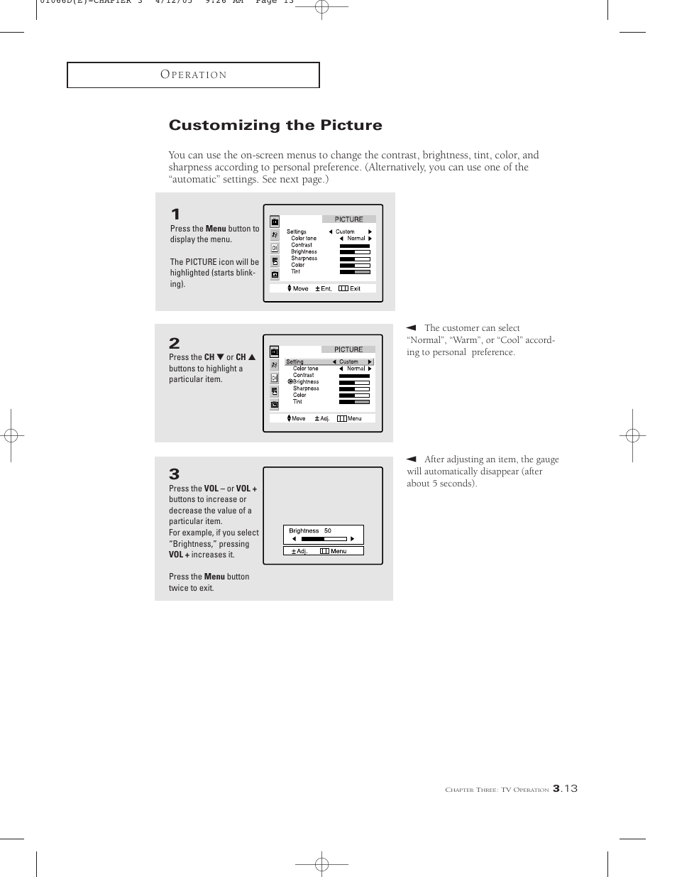 Customizing the picture | Samsung TSK3092WFX-XAA User Manual | Page 35 / 65