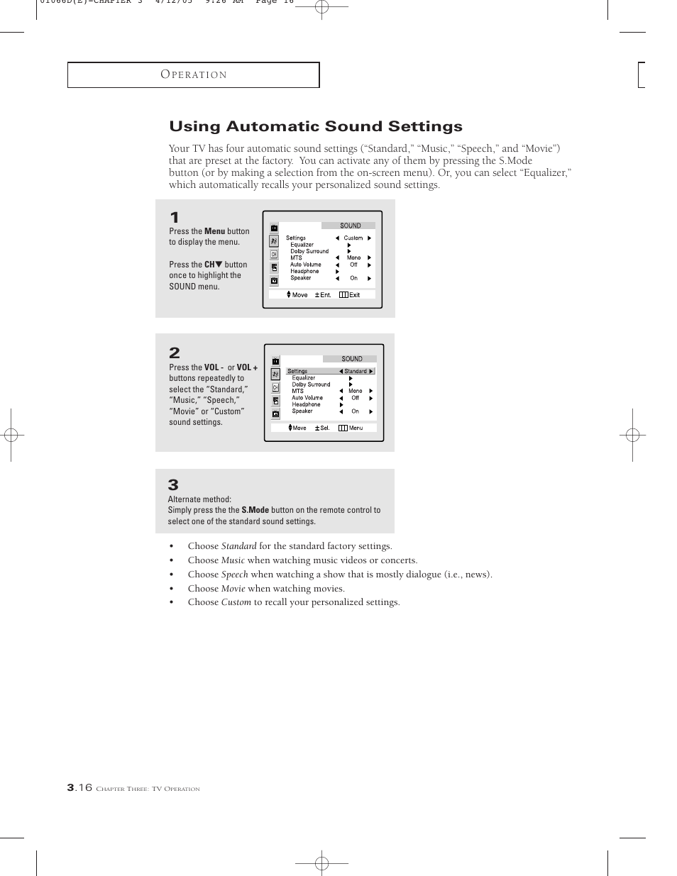 Using automatic sound settings | Samsung TSK3092WFX-XAA User Manual | Page 38 / 65