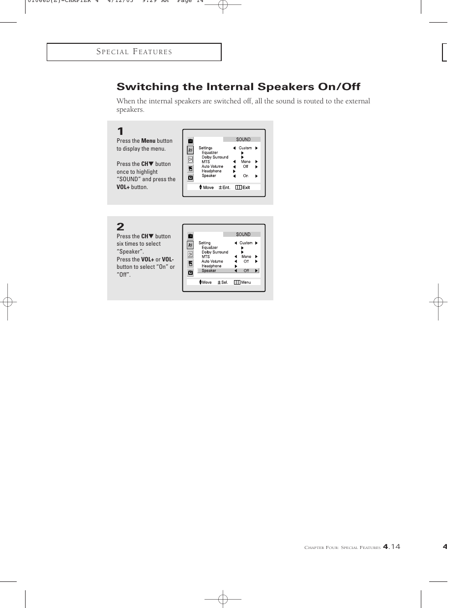 Switching the internal speakers on/off | Samsung TSK3092WFX-XAA User Manual | Page 53 / 65