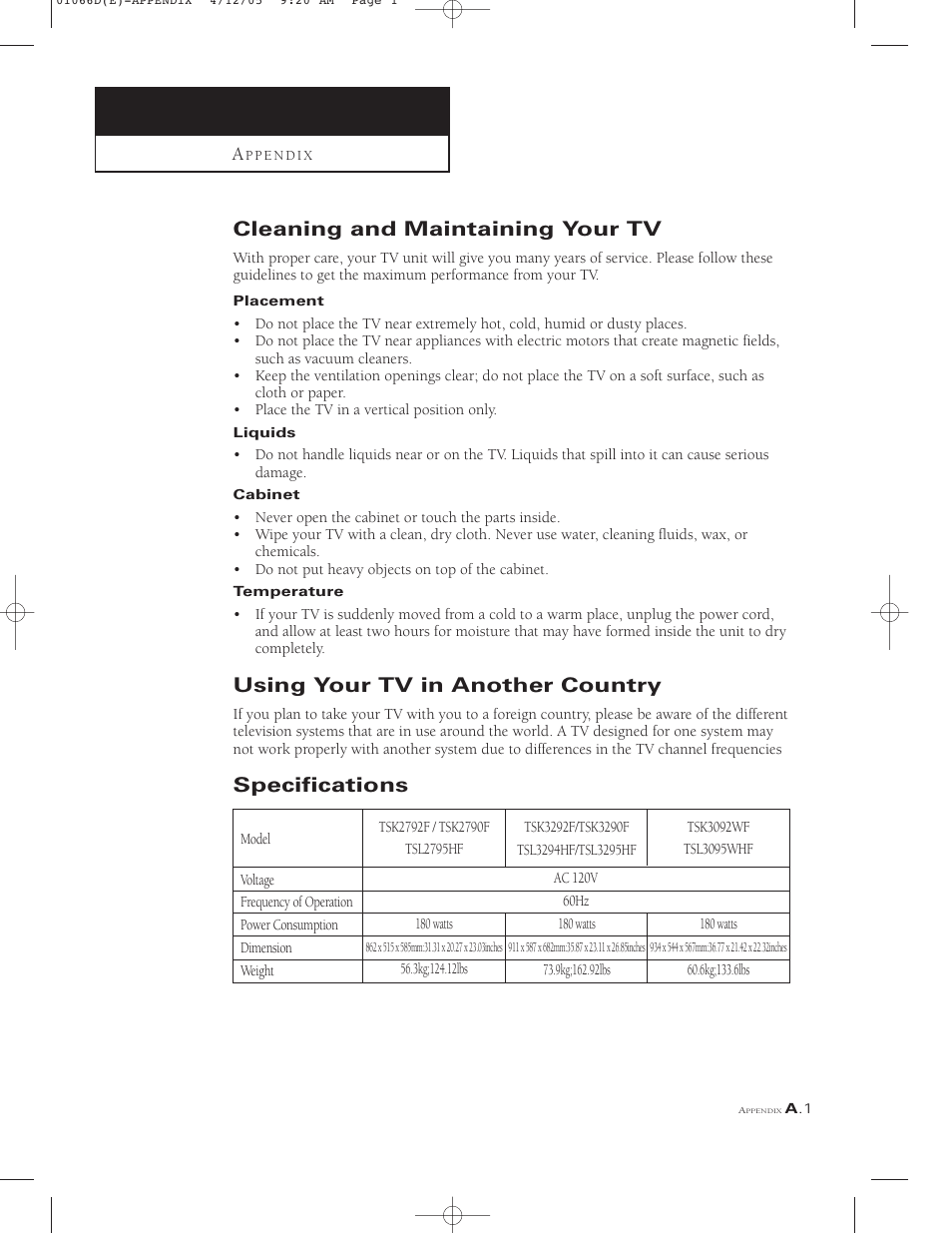 Appendix, Cleaning and maintaining your tv, Using your tv in another country | Specifications | Samsung TSK3092WFX-XAA User Manual | Page 65 / 65