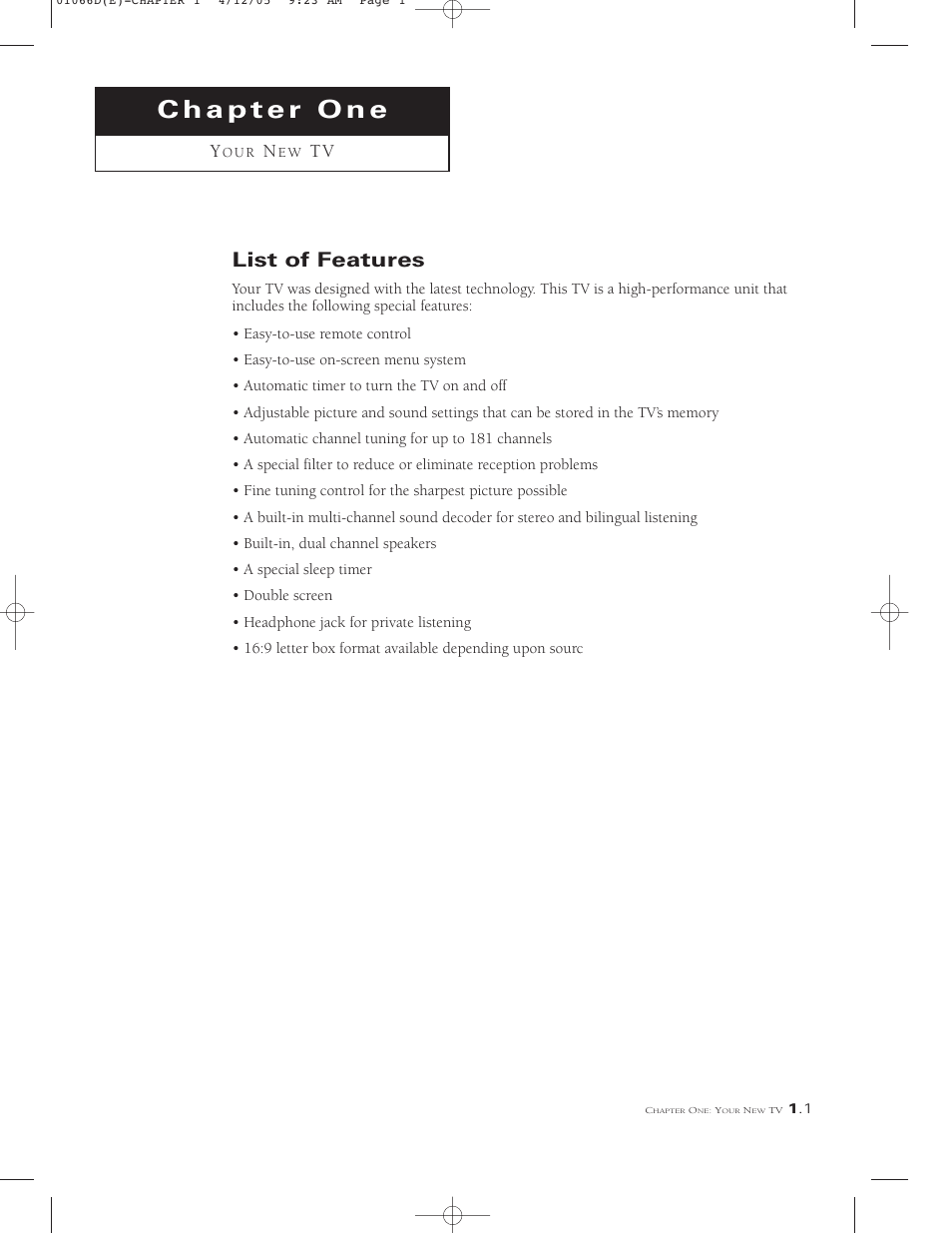 Chapter one your new tv, List of features | Samsung TSK3092WFX-XAA User Manual | Page 7 / 65