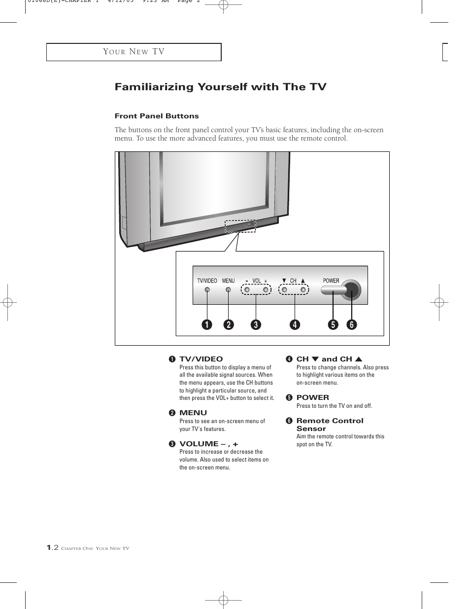 Familiarizing yourself with the tv, Front panel buttons | Samsung TSK3092WFX-XAA User Manual | Page 8 / 65