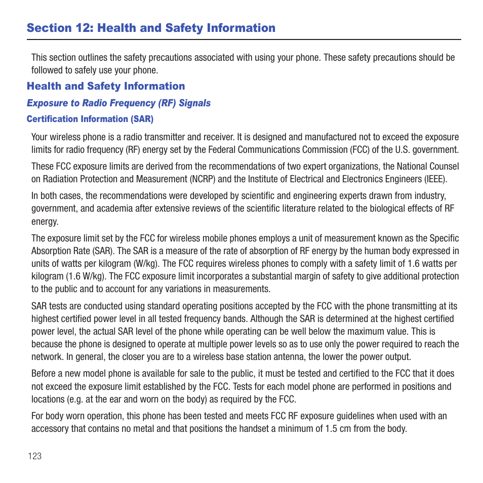 Section 12: health and safety information, Health and safety information | Samsung SGH-T359FBATMB User Manual | Page 126 / 156