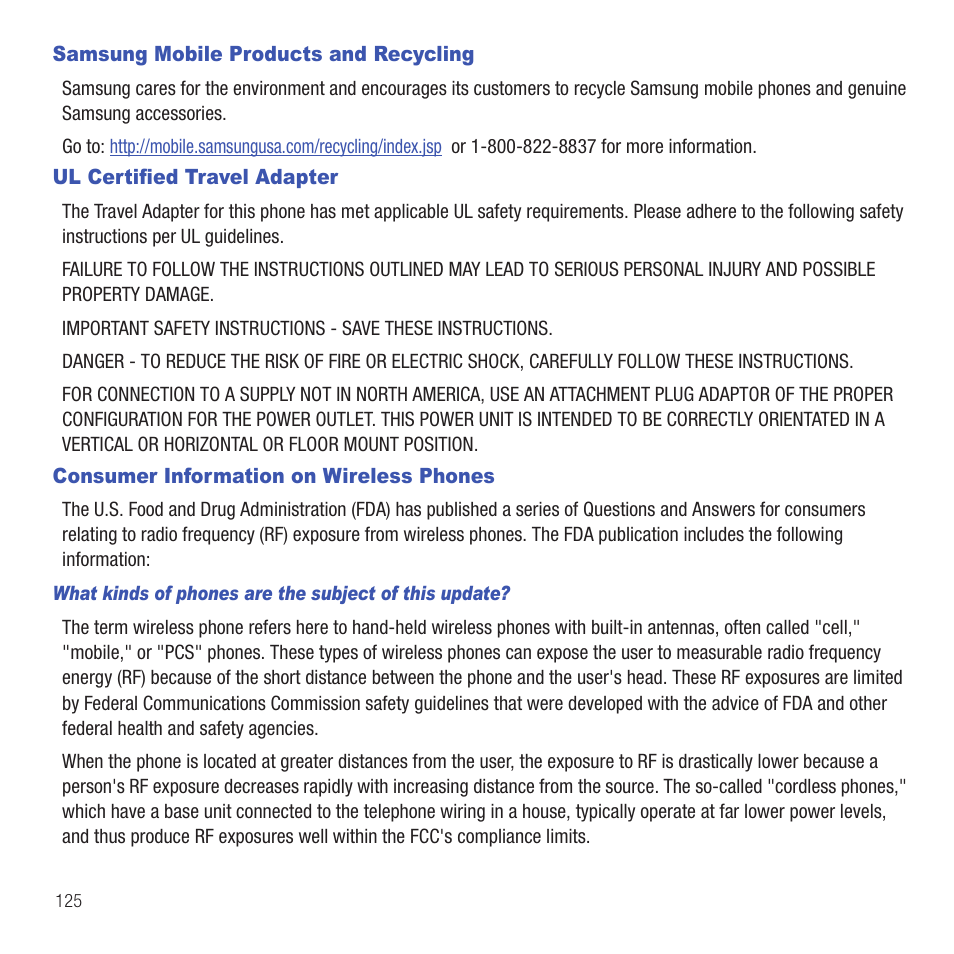 Samsung mobile products and recycling, Ul certified travel adapter, Consumer information on wireless phones | Samsung SGH-T359FBATMB User Manual | Page 128 / 156