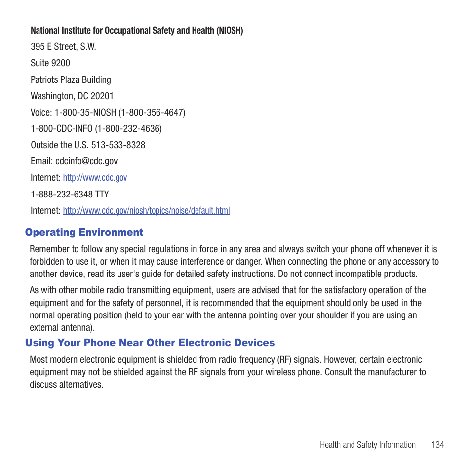 Operating environment, Using your phone near other electronic devices | Samsung SGH-T359FBATMB User Manual | Page 137 / 156