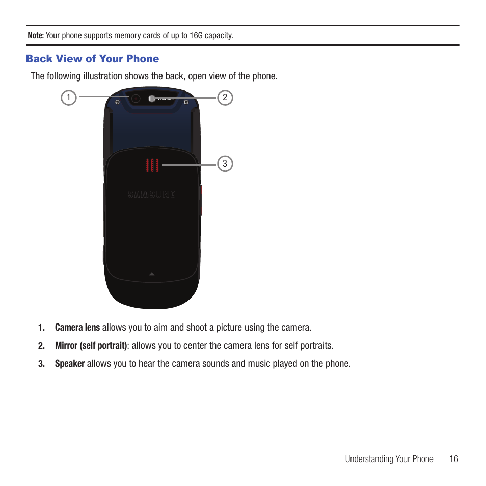 Back view of your phone | Samsung SGH-T359FBATMB User Manual | Page 19 / 156